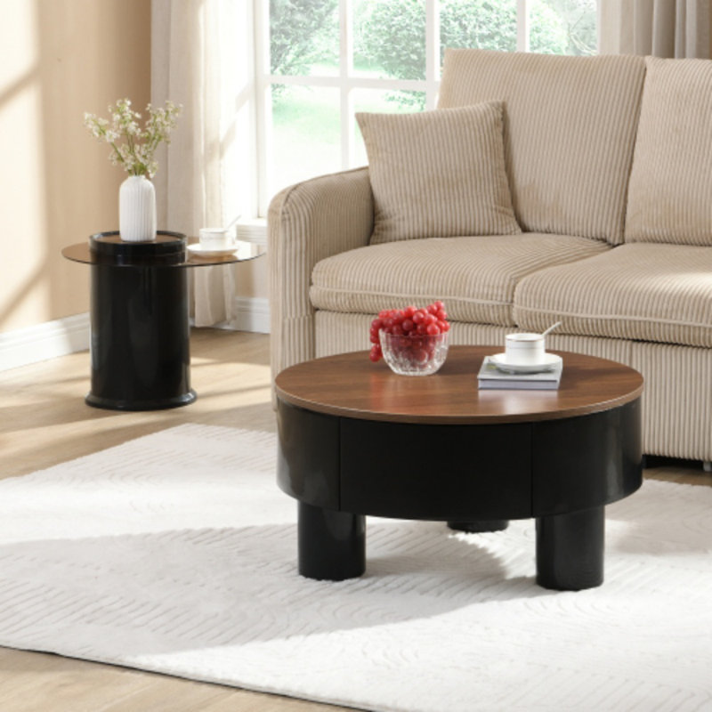 Ensemble de 2 tables basses rondes gigognes rondes, Plateau blanc / base noire