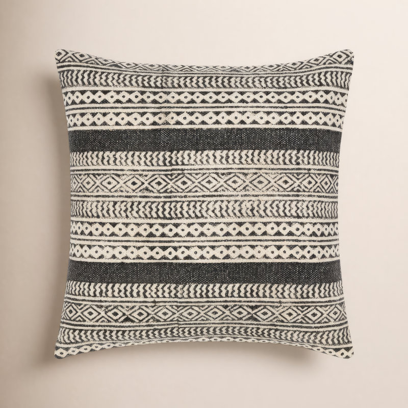 Oreiller carré en coton Zetta, Beige/noir, Polyester/ bourre en polyester, 20 po x 20 po