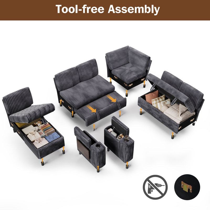 110" Modular Sectional Pull-Out Sofa With Side Table, Cupholders, Charging Ports, Gray