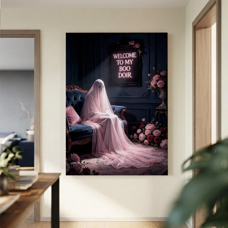 Tableau gothique néon représentant un fantôme voilé rose, impression sur toile tendue sur châssis, 61 x 91 cm, décoration murale rose et violette pour l'Halloween, chambre, salon et séjour.
