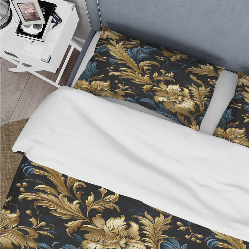 Ensemble de housse de couette damassé doré et bleu doré et bleu, Housse de couette pour très grand lit et 2 très