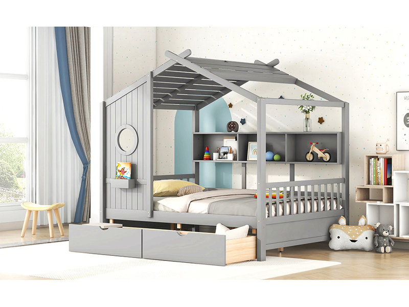 Lit en bois avec 2 tiroirs, lit pour enfant avec tablette de rangement, Lit double, Gris