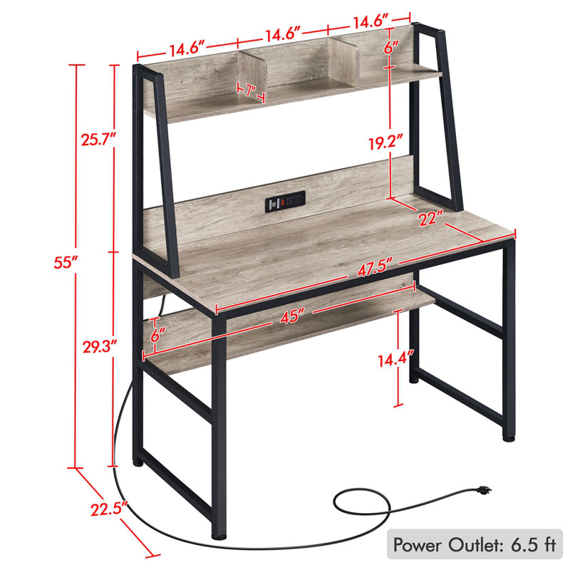 Metal Base Writing Desk with Power Outlet, Gray