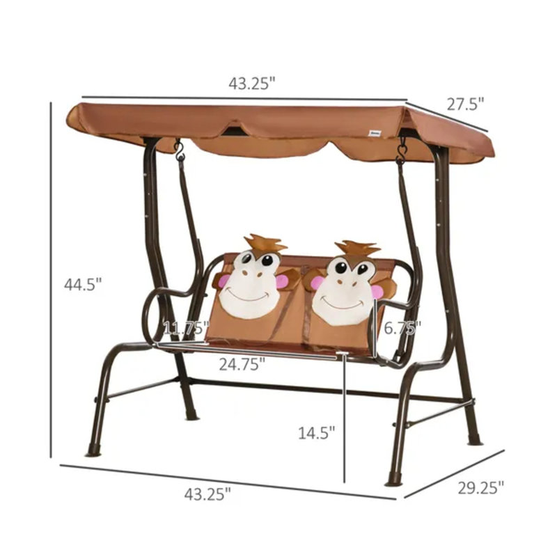 Balancelle de café pour enfant avec auvent réglable et ceintures de sécurité, motif de singe pour les enfants de 3 à 6 ans