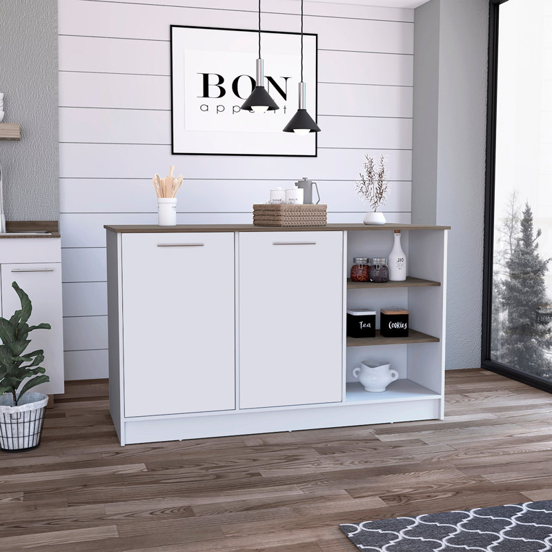 Îlot de cuisine deux armoires, trois tablettes ouvertes, blanc / brun foncé, Blanc / Brun foncé