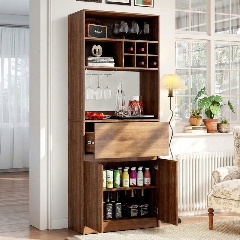 Farmhouse Kitchen Wine Hutch with Glass Rack and Open Storage in Walnut Brown