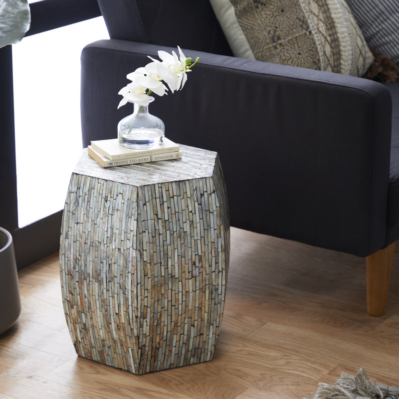 Alissa Mother of Pearl Shell Handmade Shell Mosaic Hexagon Side End Gray Accent Table with Brown Accents