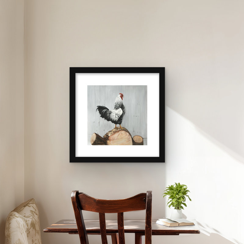 Wyandotte coq imprimé - blanc rustique encadré Home Decor, H 16 po x l 16 po, Noir