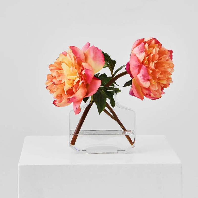Peony Sunrise - Coral Orange Pink Full Bloom Silk Peony in Factice Style Vase Spring Flower Water Illusion Arrangement