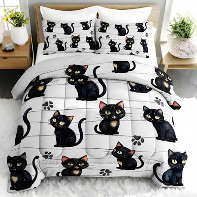 Cat Comforter Set, Cute Cartoon Bedding Set with 2 Pillow Cases, Soft and Machine Washable Bedding, All Seasons Comforter for Room Decor