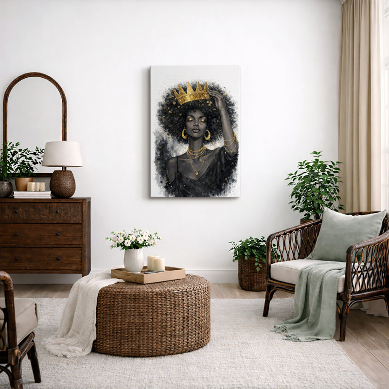 Élégante reine afro avec couronne dorée, œuvres d'art pour chambre à coucher, impression sur toile encadrée, Toile tendue