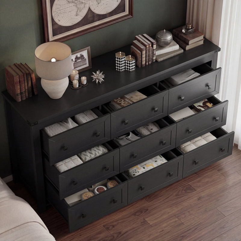 9-Drawer Dresser for Bedroom, Modern Wide Chest of Drawers, Wooden Storage Organizer, Black/Sturdy