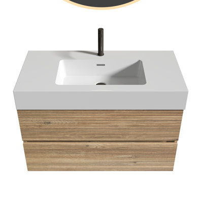 24 Rough Oak+Rough Bathroom Vanity with White Engineered Quartz Sink and Soft Drawers