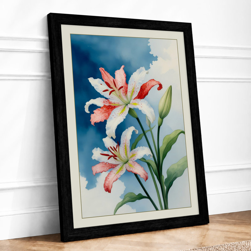 Pink Blooms in Blue Botanical - Framed Print, A2 - 59.4 x 42.0 cm, Black