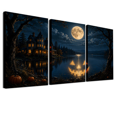 Maison victorienne au bord d'un lac la nuit avec Halloween - Ensemble de 3 toiles murales