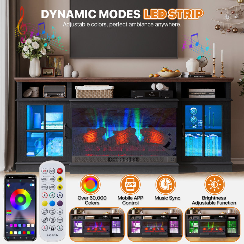 70" Farmhouse TV Stand with 36" Electric Fireplace, Dynamic LED Lights, Glass Cabinet & Ample Storage, Black