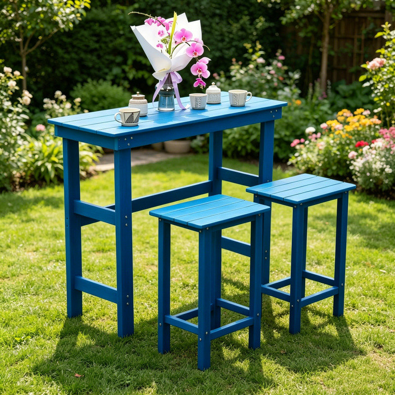 Ensemble de table de bar et chaises HDPE, avec 2 tabourets, bleu marine, toutes saisons, pour la pelouse, pour le jardin, pour la cour, pour la piscine