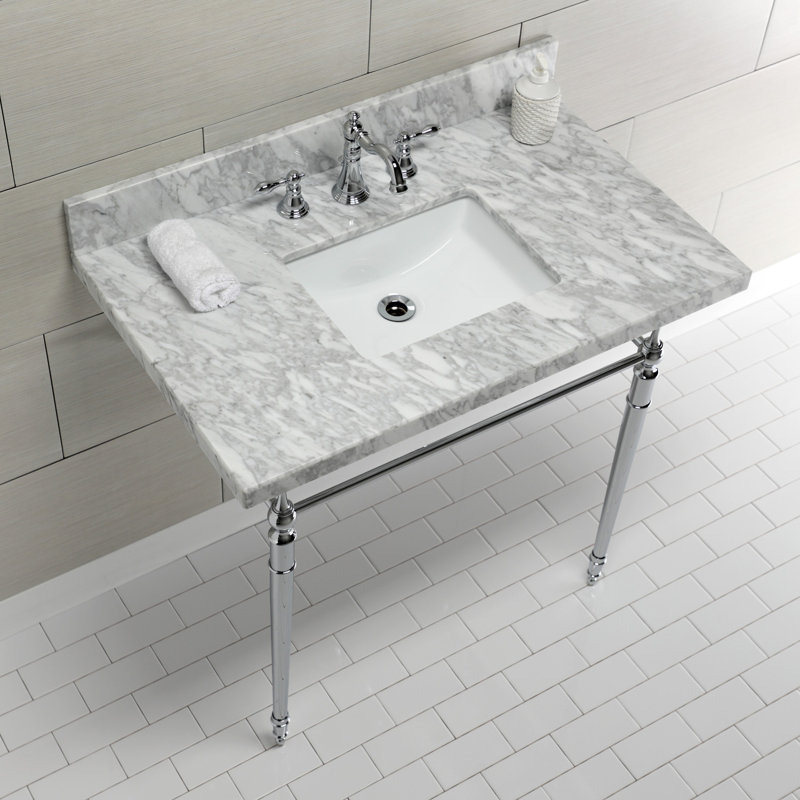 Lavabo de salle de bain console rectangulaire en céramique avec trop-plein Edwardian, Marbre blanc / chrome poli