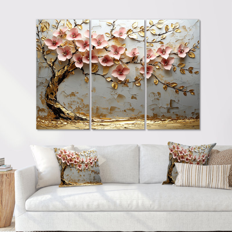 Arbre de fleurs de cerisier roses et dorées au bord du lac III - Ensemble de décorations murales fleurs de cerisier