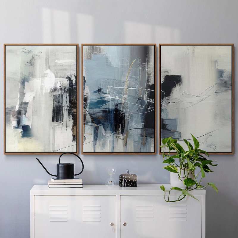 Winter Abstraction II, 3 pièces, H 24 po x l 48 po x P 2 po, Cadre noyer