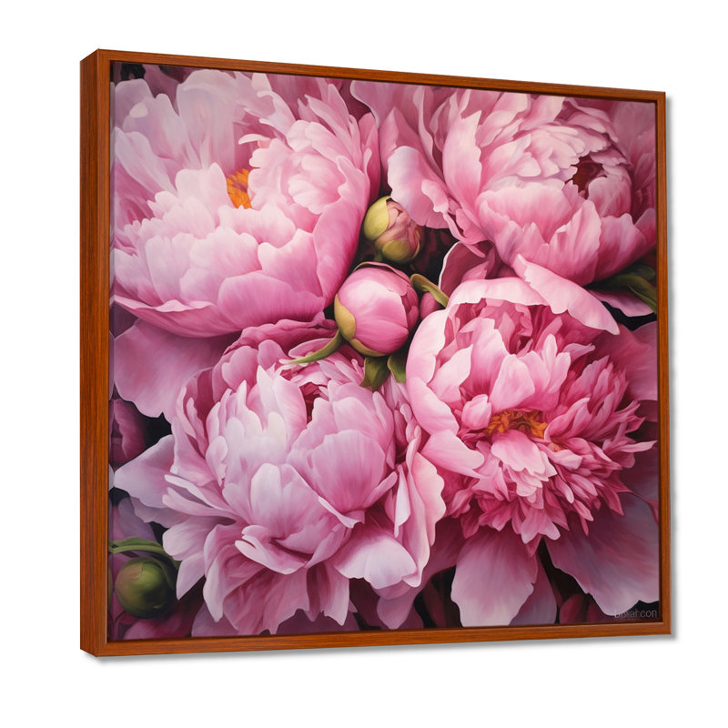 Pivoine rose verte captivante II - art floral sur toile, H 16 po x l 16 po x P 1 po, Cadre flottant brun