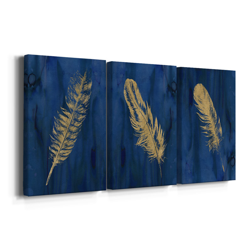 Golden Feather I - Toile tendue avec châssis sur mesure - 3 pièces, H 18 po x l 36 po