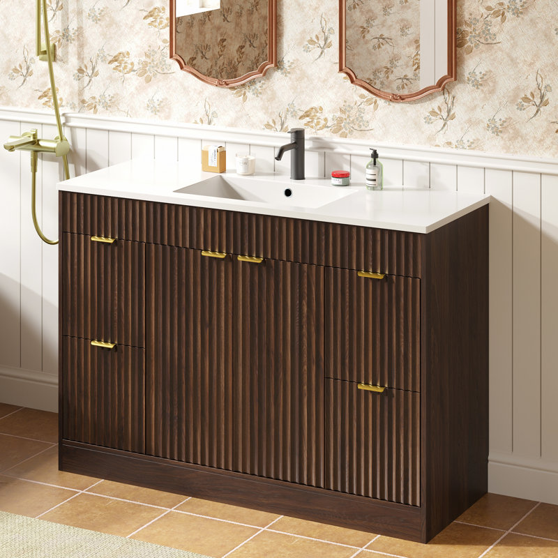 Meuble-lavabo simple en bois avec tiroirs Adonia, Brun
