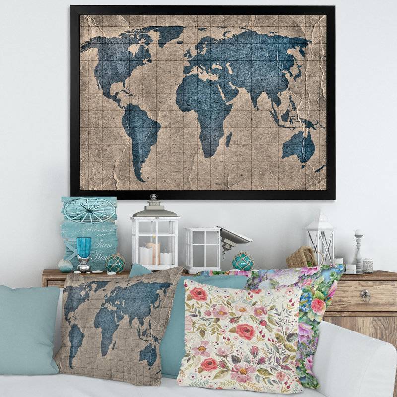 Ancienne carte du monde I - reproduction d'art sur toile, H 12 po x l 20 po x p 1 po, Cadre noir
