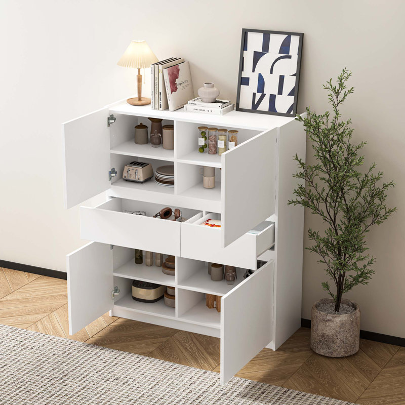 White wooden storage cabinet with 4 doors and 2 drawers