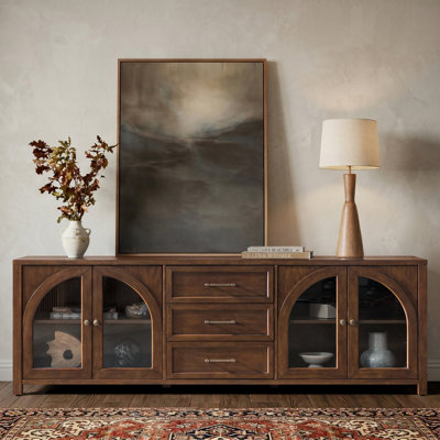 Raymona Transitional 80''W Arched Design Glass Doors TV Stand with Media Storage