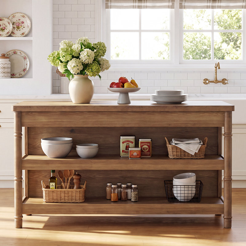 Îlot de cuisine en bois massif avec 2 tablettes de rangement ouvertes, brun, Brown