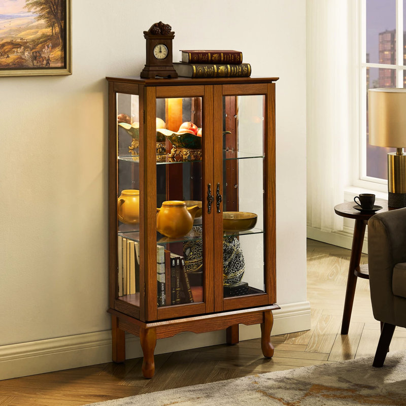 Floor Mounted Curio Cabinet In Oak With Mirrored Back And Versatile Storage Oak, Tempered Glass, Oak