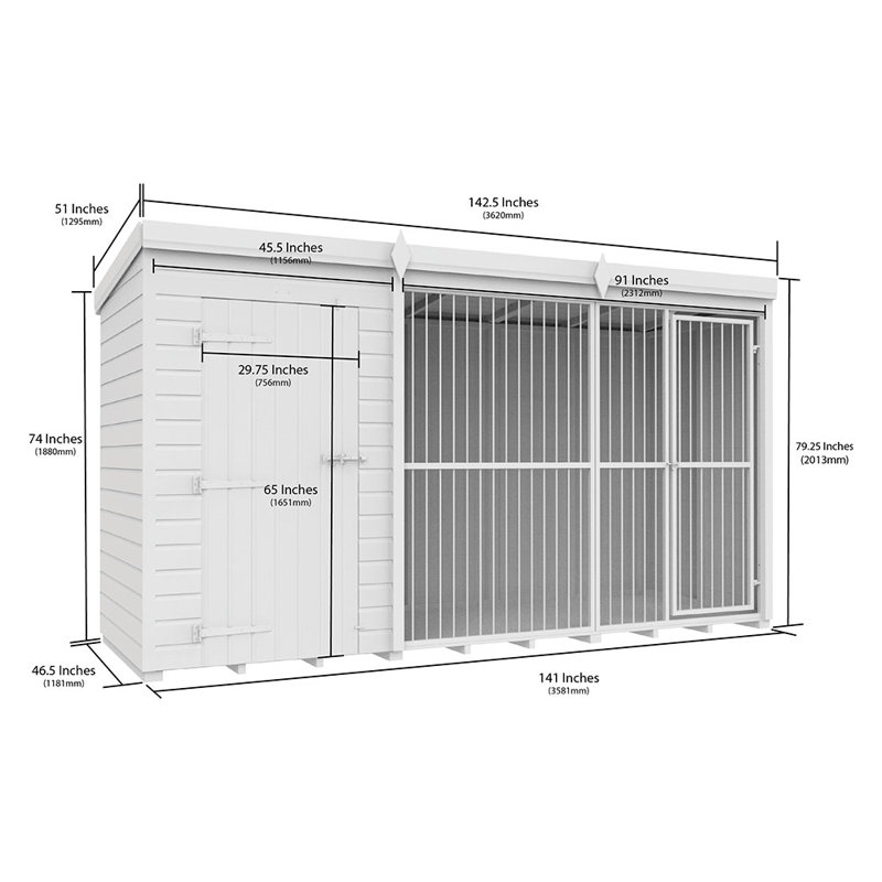 Dog Kennel and Run Full Height with Bars, 201cm H x 358cm W x 118cm D