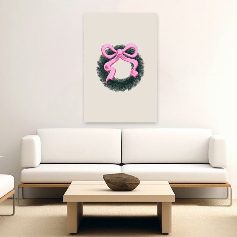 Elegant Pink Bow Wreath Classic Delicate Elegant Winter Wall Art Print 1 Piece Wrapped Canvas Wall Art, 152.4cm H x 101.6cm W