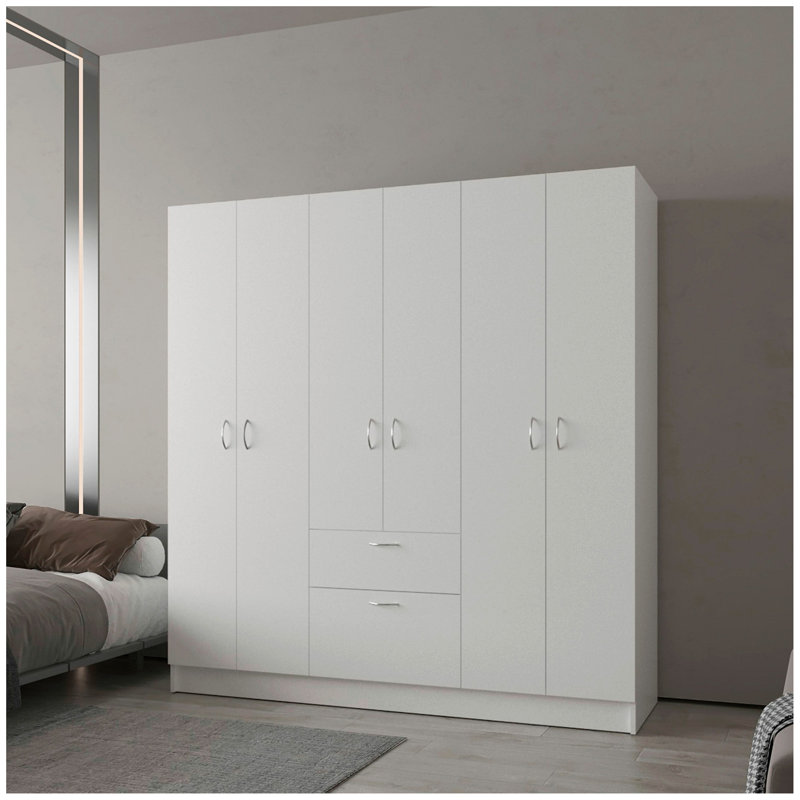 White 6-Door Wardrobe With Shelf And Drawer