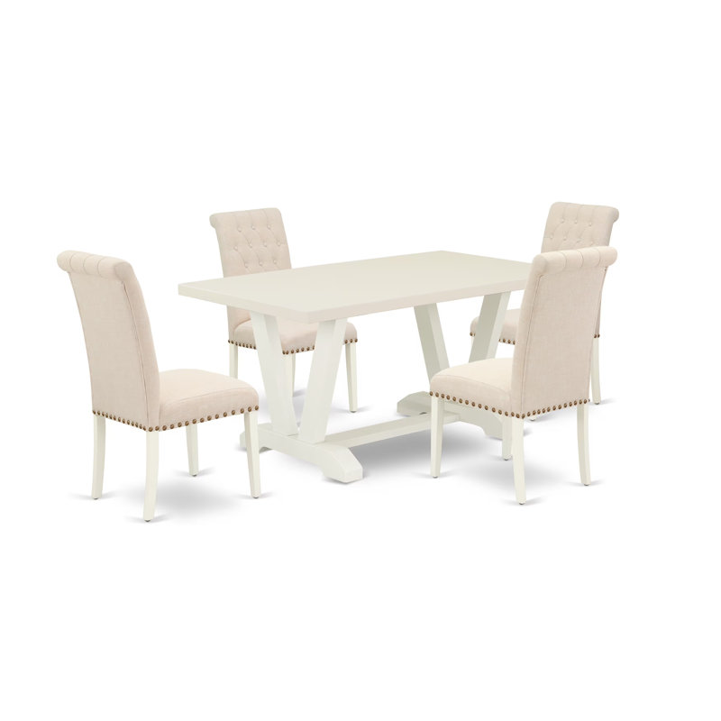 Ensemble de table de 5 pièces comprenant 4 chaises de salle à manger Parson et un plateau de table en bois brossé beige clair et capitonné à boutons hauts. Lin brossé blanc.
