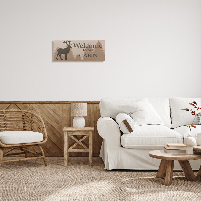 «Welcome to Our Cabin Deer» par Annie Lapoint - impression, H 10 po x l 24 po x P 1,5 po, Toile tendue