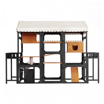 Large Outdoor Cat Enclosure Wooden Catio With 2 Plant Stands, Multi-Level Cat Playpen With Weather-Resistant Roof, Resting Box, Climbing Ramps & Wire Mesh For Backyard Patio, Brown