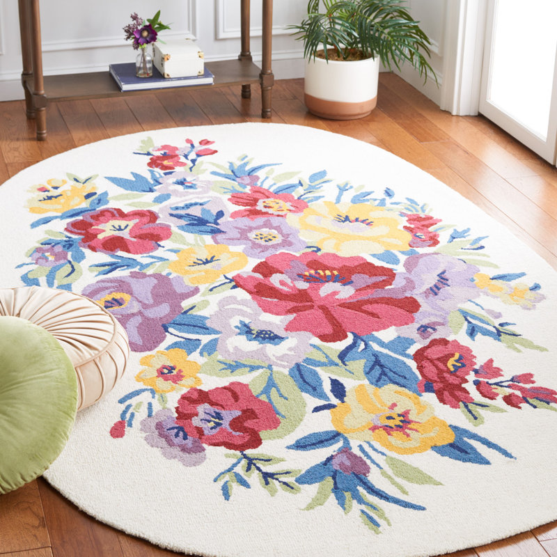 Tapis floral en laine / coton touffeté à la main Chelsea, Ovale 5 pi x 8 pi