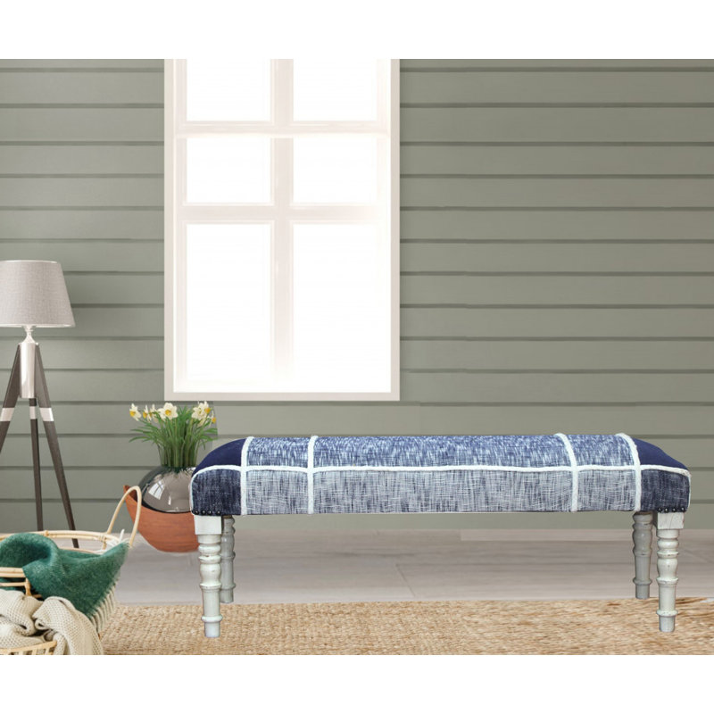 47" Textural White Leg Upholstered Bench, Navy Blue, White