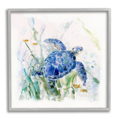 " Pleasant Aquatic Blue Sea Turtle Swimming Ocean Plants " Acrylic Painting