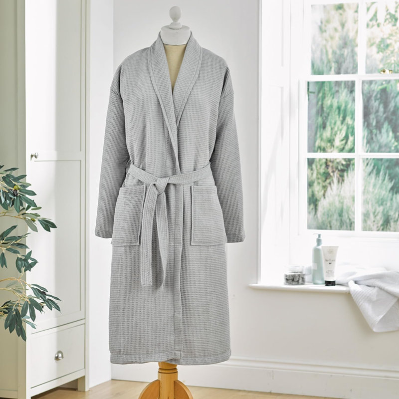 Reffett Waffle Bath Robe Dressing Gown Unisex, Grey, S/M