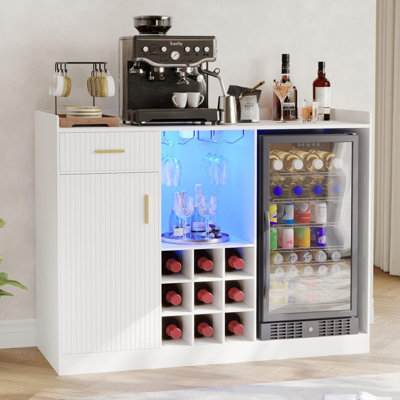 Fluted Buffet Sideboard with Mini Fridge Compartment, Glass Rack & LED Lighting
