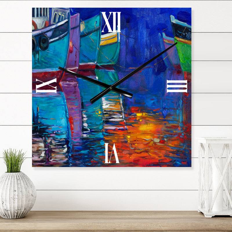 Bateaux qui reposent sur l'eau pendant un coucher de soleil chaud I - Horloge murale nautique et côtière, Petit