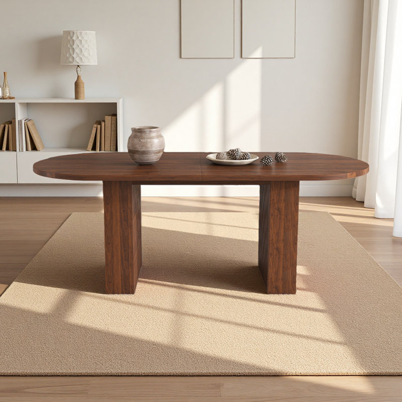 62.9'' Farmhouse Dining Table With Wood Strip Base,  Oval Kitchen Table For 6 People, Walnut