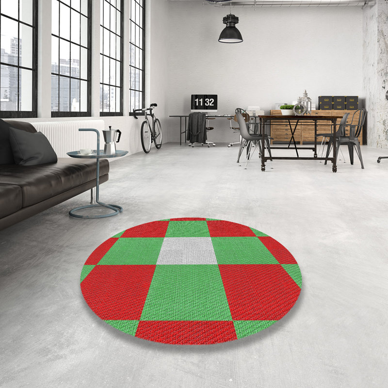 Tapis rouge/vert à motifs, Rond 5 pi