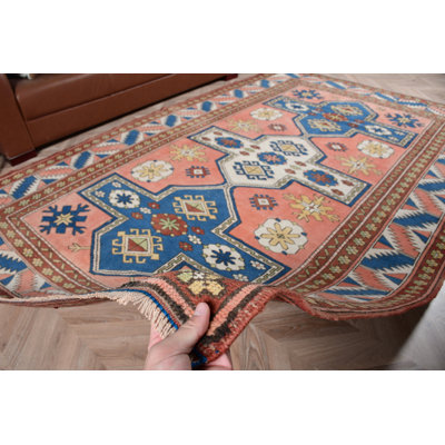 Handmade Vintage Turkish Area Rug with Colorful Geometric Pattern for Rustic Home and Living Room Decor Accent
