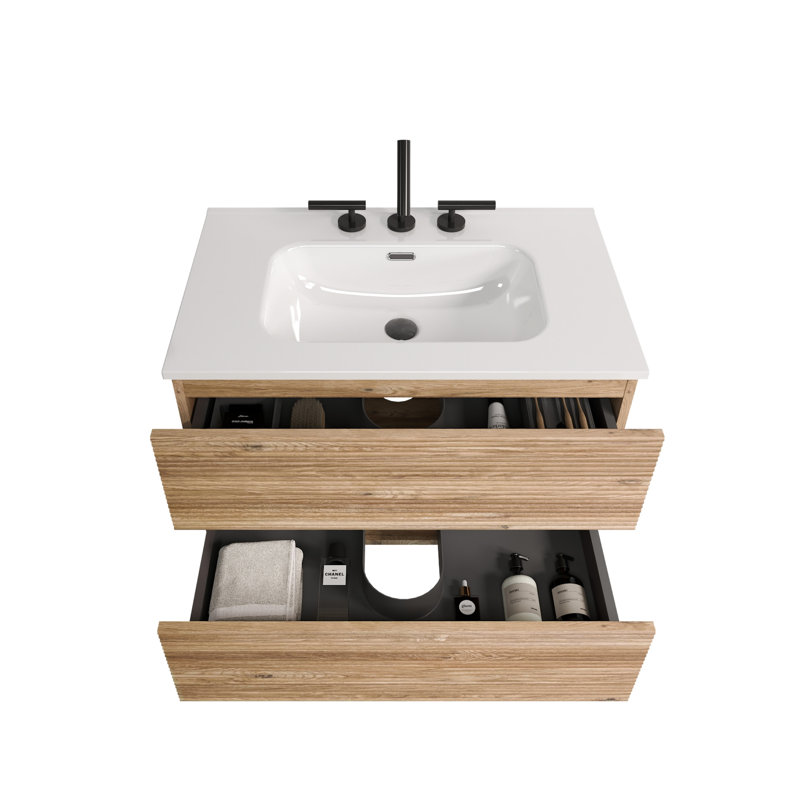 Meuble-lavabo flottant 30 po en chêne brut, lavabo à 3 trous, tiroirs doubles, 20% plus de rangement, coulisses silencieuses, meuble-lavabo mural 45 po
