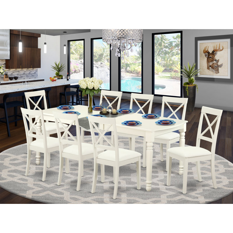 9 Piece Dining Set Includes a Rectangle Dining Room Table with Butterfly Leaf and 8 Faux Leather Kitchen Chairs, Linen White