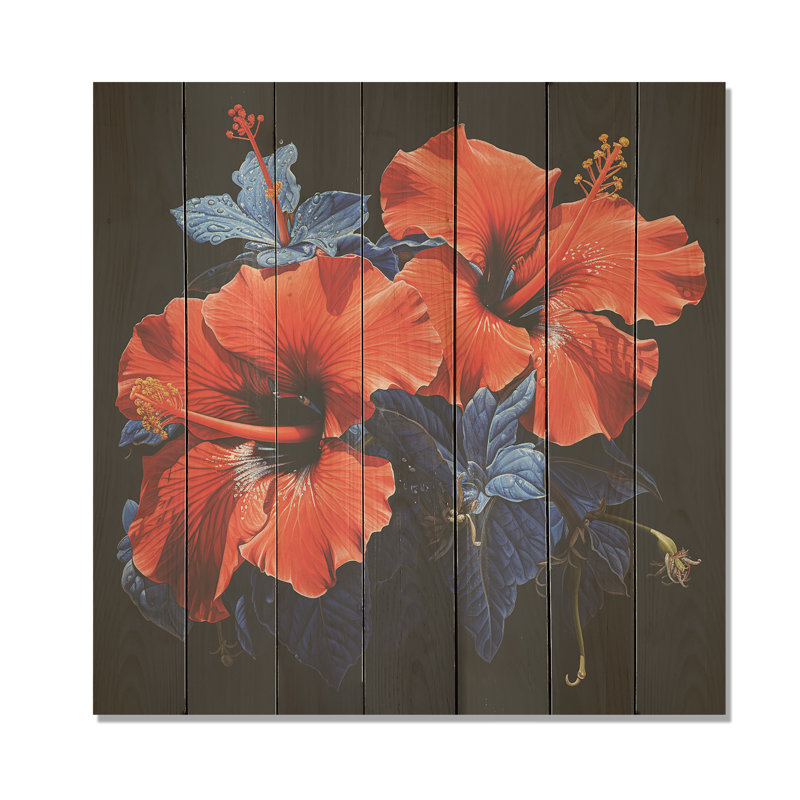 Hibiscus tropical rouge I - Hibiscus sur bois, H 30 po x l 30 po
